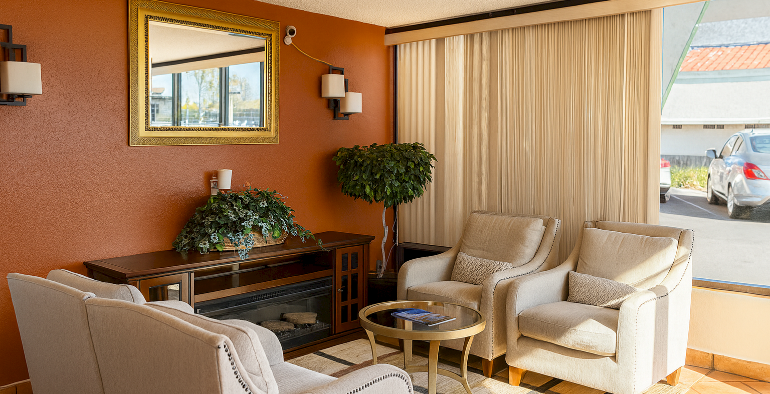 A cozy hotel lobby lounge with beige armchairs, a wooden console, potted plants, a wall mirror, warm orange wall, and large windows letting in natural light.