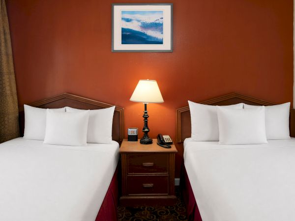 Two twin beds with white linens sit side by side, separated by a nightstand with a lamp and phone; a framed picture hangs above the red wall.