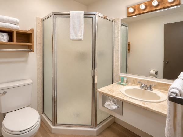A clean bathroom with a glass shower, a sink with toiletries, a toilet, and neatly folded towels.