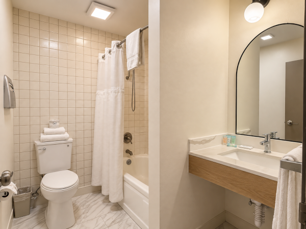 Modern bathroom with tiled shower, bathtub with white curtain, toilet, and a vanity sink with mirror and lights.