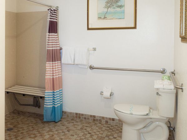A beige-tiled bathroom with a white toilet, a wall-mounted grab bar, a shower with a multicolor striped curtain, and a framed picture on the wall.