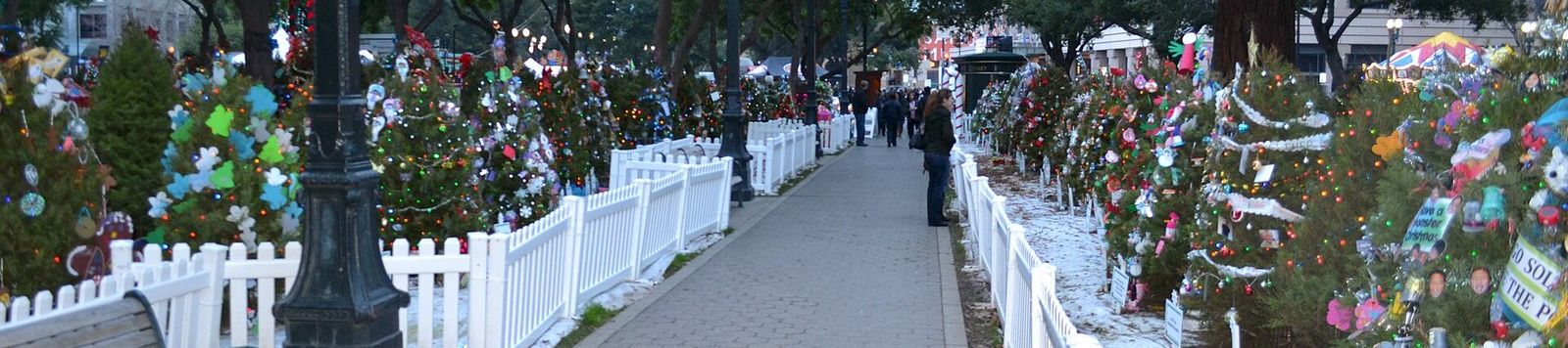 A park walkway lined with lit Christmas trees, colorful decorations, and string lights, with people strolling in the winter.